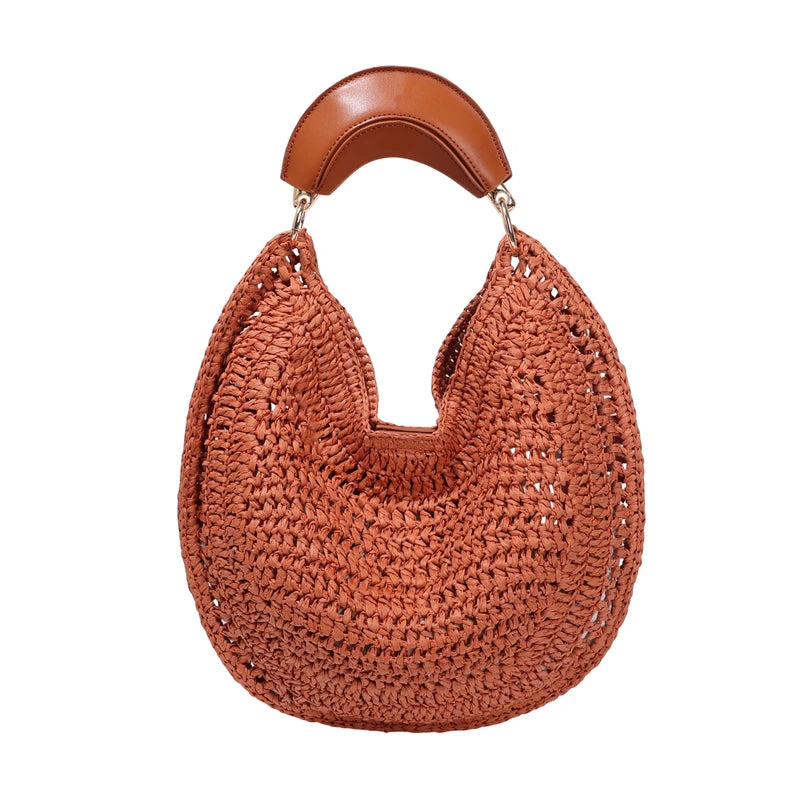 Boho Handwoven Straw Hobo Tote Bag Women Crescent Moon Shape Top Handle Basket Purse Summer Hollow Out Woven Handbag