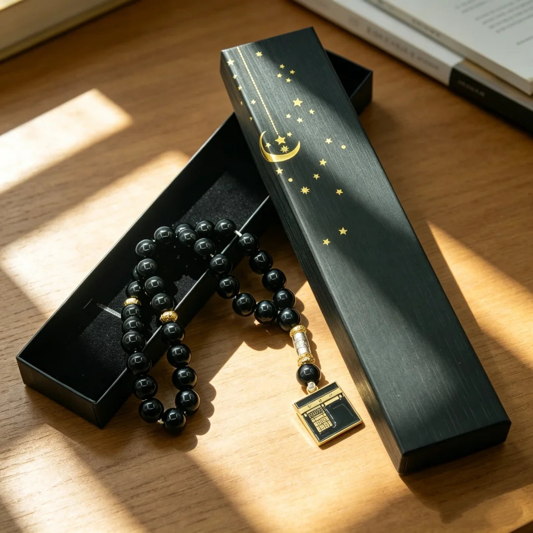Imitation Agate Kaaba‑themed 33‑Bead 10mm Prayer Bead Gift Set, Portable Travel Hand‑Held Counting & Decorative Kit