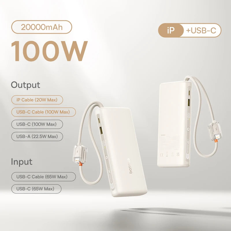 Baseus 145W Power Bank 25000mAh Fast Charging Built-In Type-C Cable Portable Battery Charger for iPhone Samsung MacBook Tablet