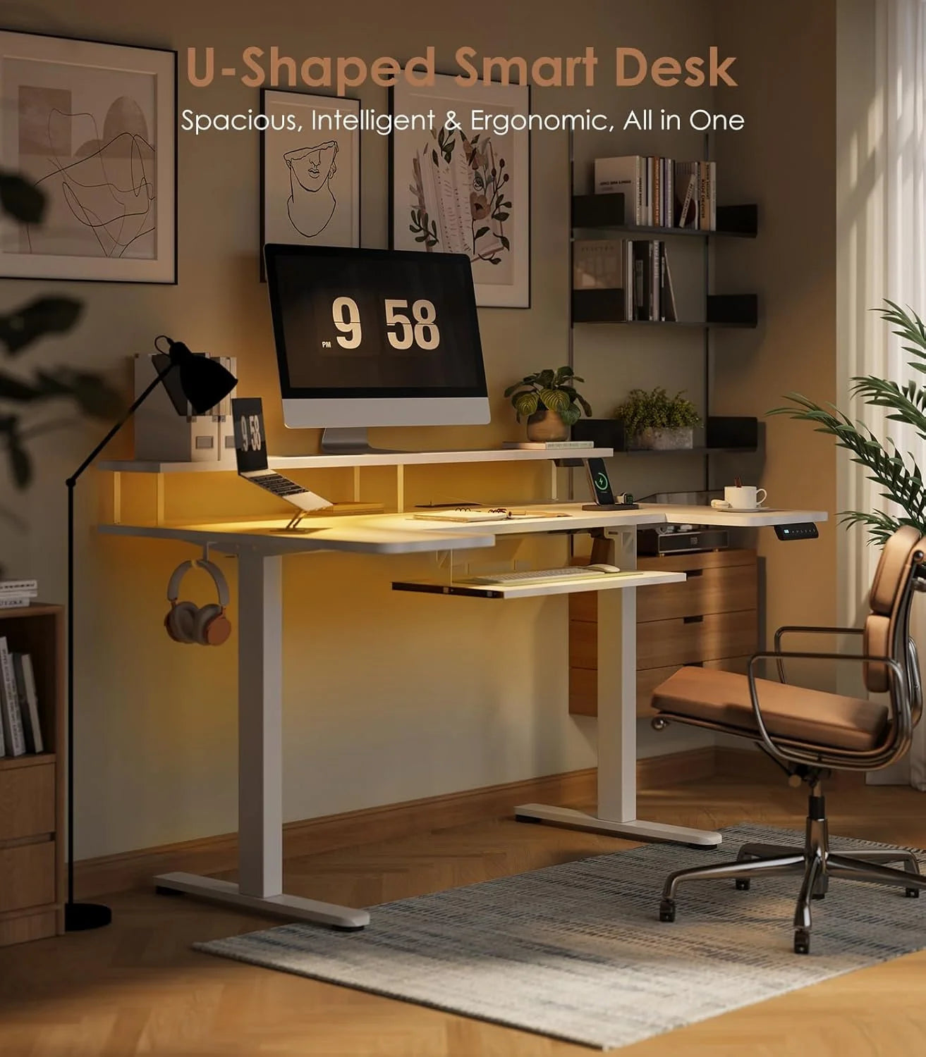 OffiGo Standing Desk, 120cm U Shaped Height Adjustable Desk with Monitor Stand, Electric Sit Stand Rising Table with Sockets,  W