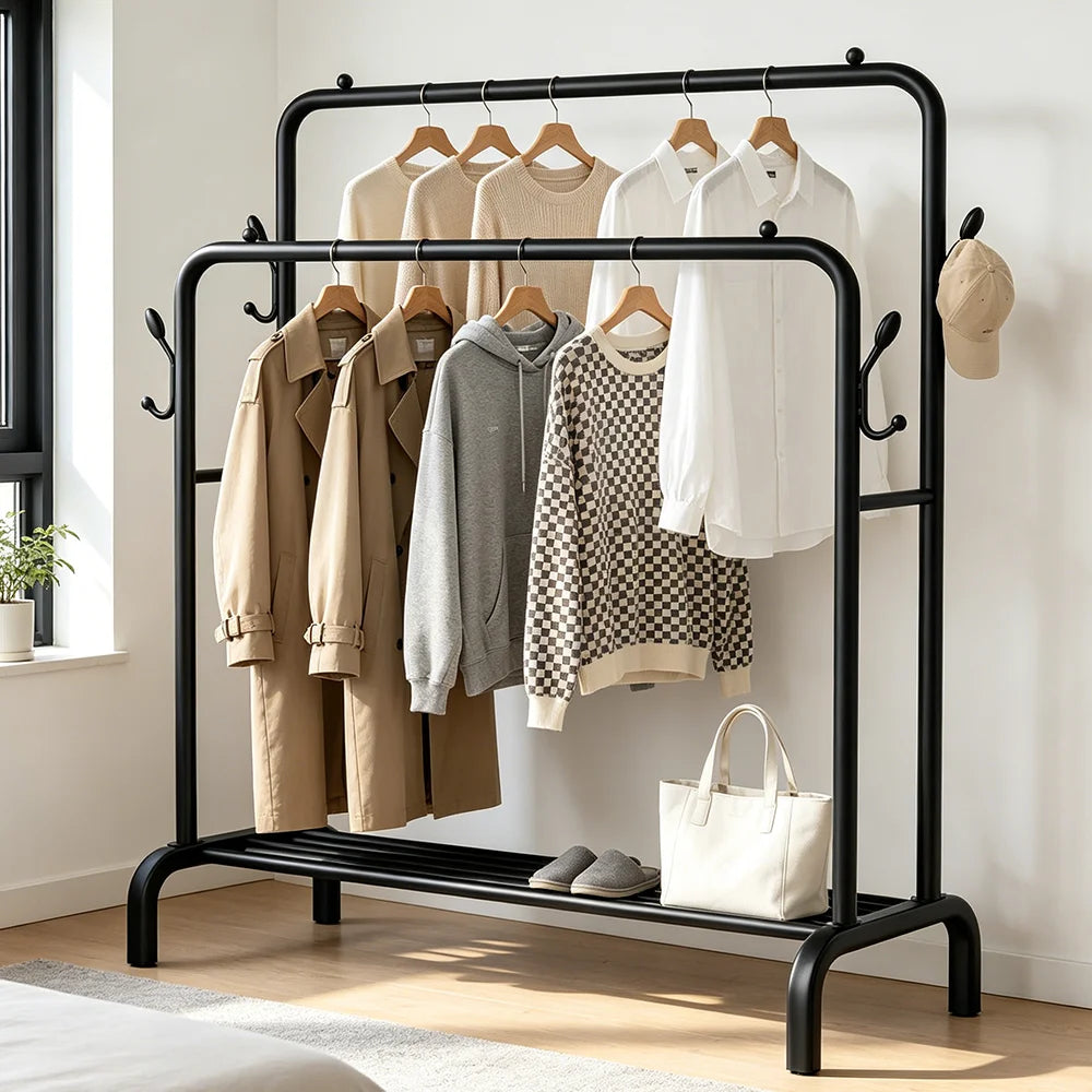 Heavy Duty Rolling Clothes Rack Metal Coat Hanger Stand Floor-Standing Bedroom Clothes Shelf Simple Rod Shoes Storage Organizer