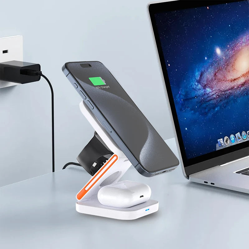 3 in 1 Foldable Charging Station Fast Magnetic Wireless Charger Stand for iPhone 17 16 15 14 13 12 Apple Watch 8 7 6 Airpods Pro