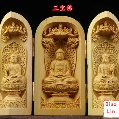 Solid Wood Carving Three Open Buddha Statue, Collapsible Sculpture, Living Room and Bedroom Decoration, Modern Art