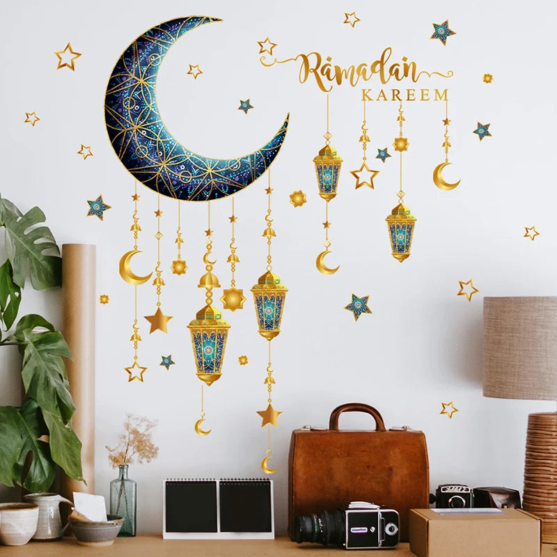 Eid Mubarak Wall Stickers Moon Star Lantern Ramadan Kareem Wall Decals Muslim Islamic Window Sticker Decorations for Home 2026