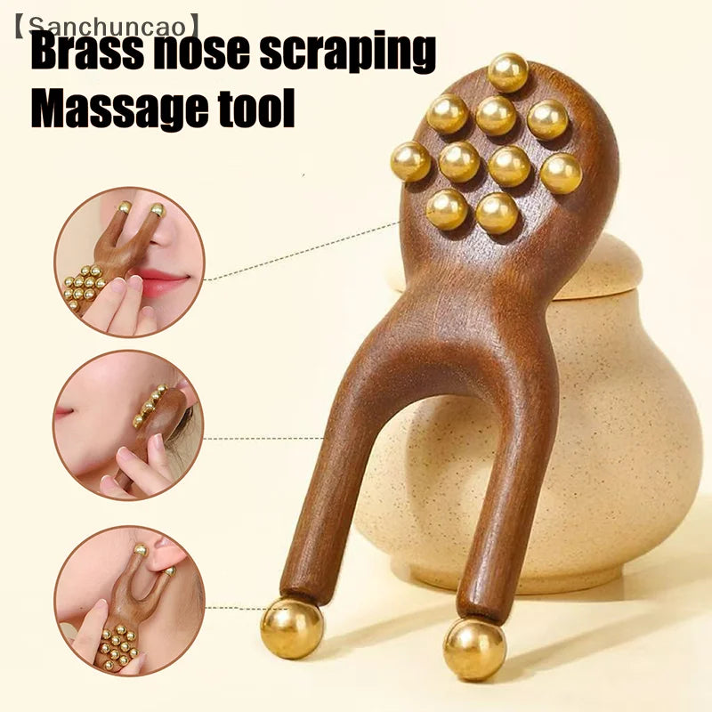 〔San〕Wooden Nose Guasha Massage Tool Brass Bead Handheld Comb Antistatic For Face Nose Eye Relaxation Spot Meridians Acupoint