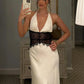 Mozision Summer Backless Sexy Maxi Dress Women Gown Patchwork Lace Halter Deep V Neck Sleeveless High Waist Elegant Long Dress