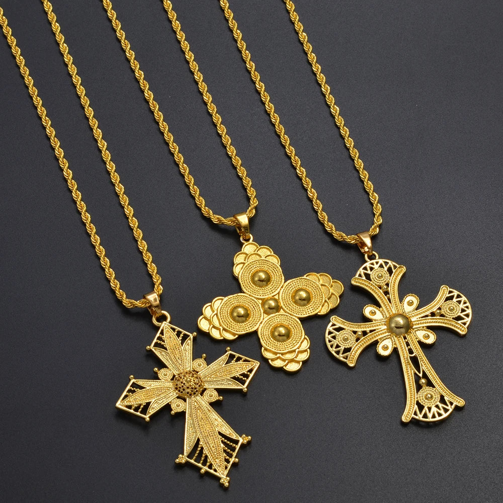 Anniyo Ethiopian Cross Pendant Necklaces for Women  Gold Color Habesha Eritrean African Ethnic Traditional Jewelry #346106
