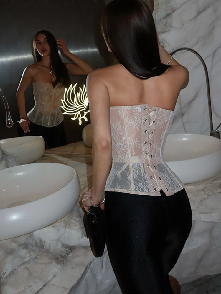 Women's Lace Patchwork Vest Sexy Bandage Strapless Backless Slash Neck Female Corset 2026 Summer Lady Beach Party Tops New