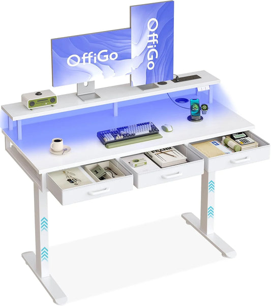 OffiGo Electric Standing Desk 120 X 54cm Height Adjustable Desk with 3 Drawers RGB LED Strip White