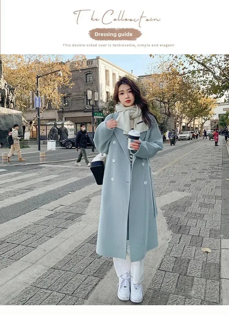 Blue Korean Style Woolen Coat Loose Women's Fashion Autumn Winter New Arrival Medium Length Belted Outerwear for Ladies | Women's Fashion