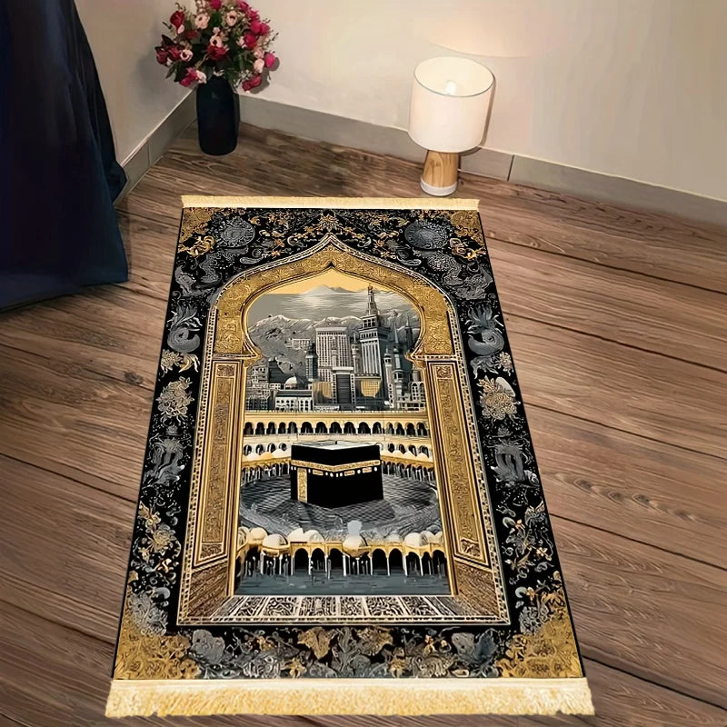 VIKAMA Black Gold Mecca Sky House Worship Carpet Retro Prayer Carpet Eid al Fitr Portable Prayer Mat Mosque Prayer Carpet