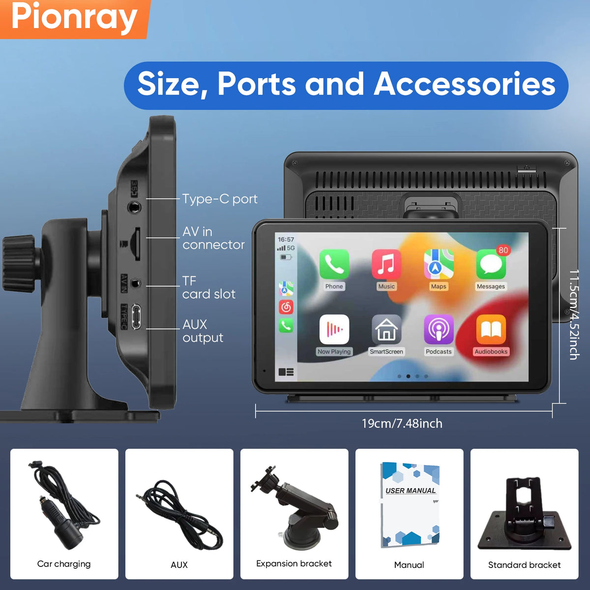 Pionray 7” Universal CarPlay Android Auto Car Radio Multimedia Video Player IPS Touch Screen With AUX USB Rearview Camera