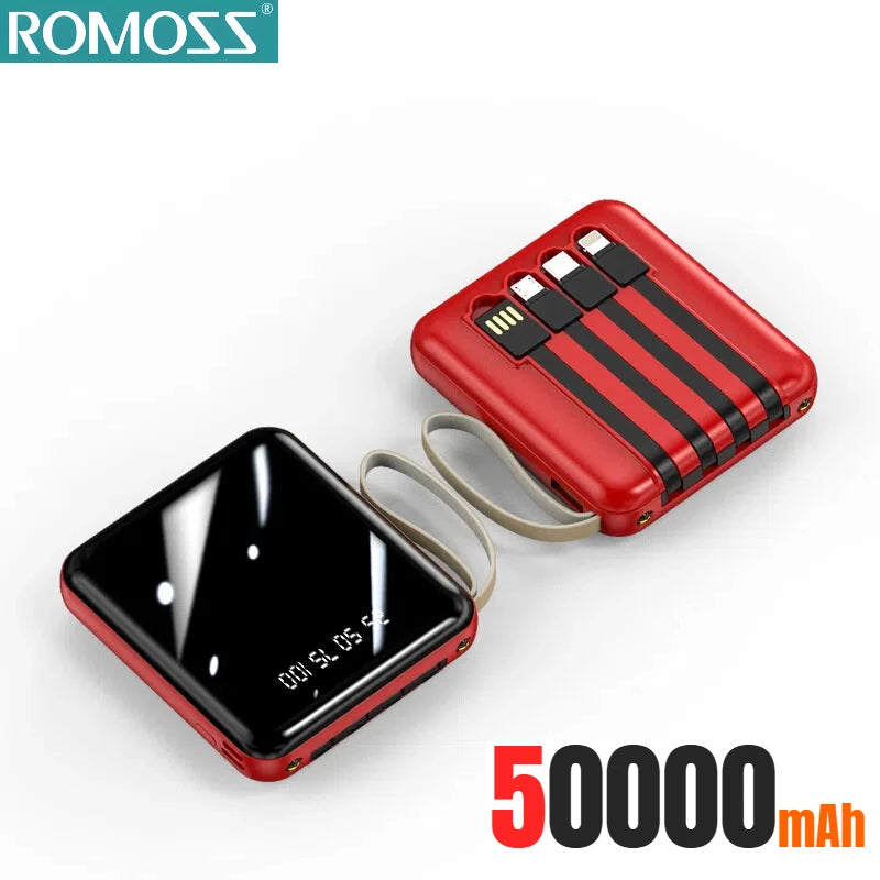 ROMOSS 500000mAh Power Bank Built in 4 Cables Portable Super Fast Charging Digital Display External Battery For iPhone Samsung