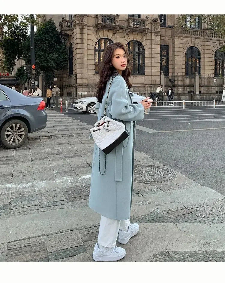 Blue Korean Style Woolen Coat Loose Women's Fashion Autumn Winter New Arrival Medium Length Belted Outerwear for Ladies | Women's Fashion