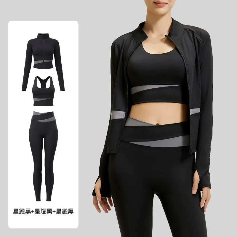 Yoga Set 3PCS Gym Clothes Sportswear Yoga Suits For Women Long Sleeve Crop Top Fitness Set Tracksuits Sports Bra Gym Leggings