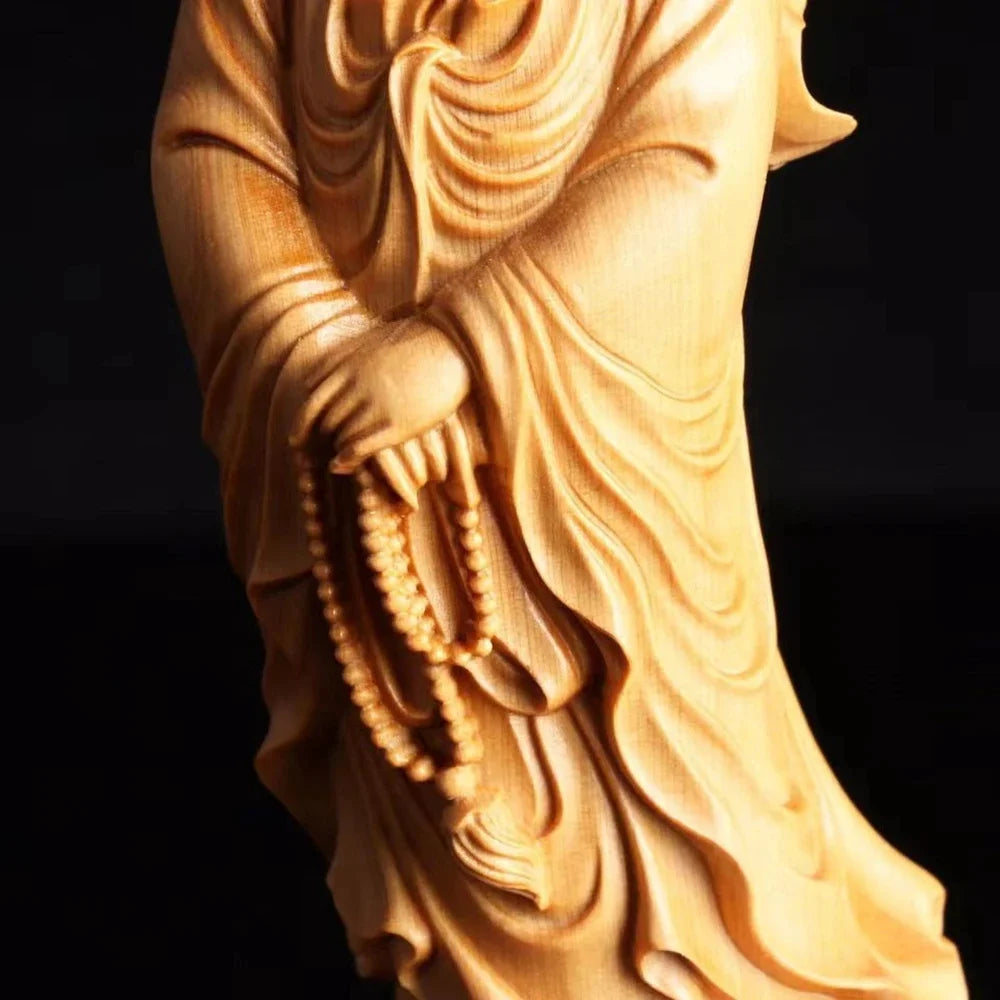 Natural Cypress Lotus Guanyin Small Statue  Chinese Buddha Statues Home Room Office Car Feng Shui Figure Statue Log Color4.71 in