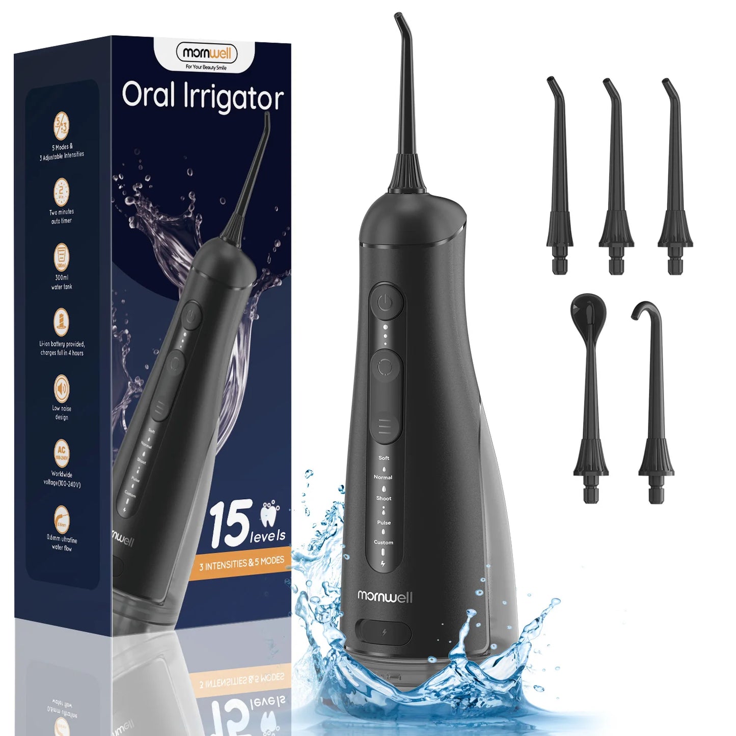 Portable Oral Irrigator with 5 Jet Tips , 5 Cleaning Modes of 3 water pressure , 300ml Water Tank IPX7 Waterproof Water Flosser