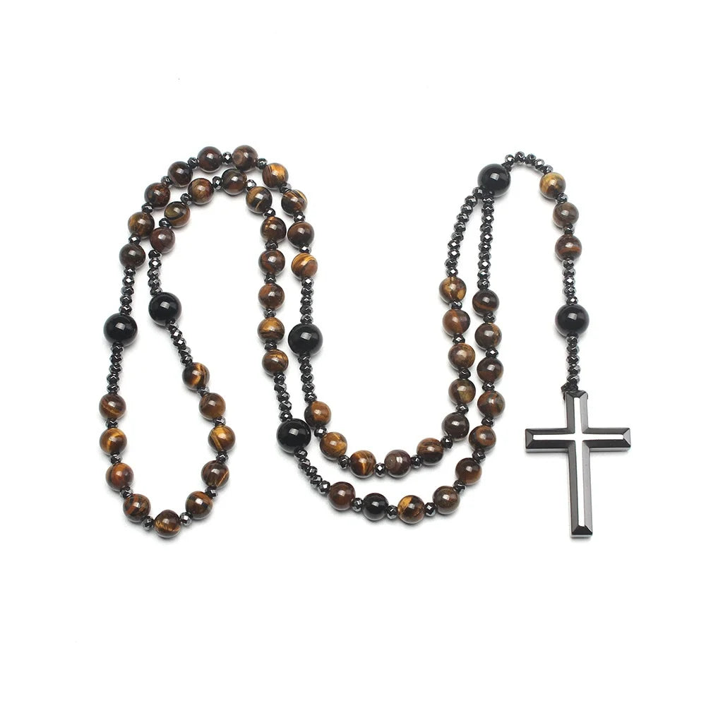 Natural Stone Africa Turquoise and Tiger-eye Beads Cross Pendant Necklace Rosary for Men and Women