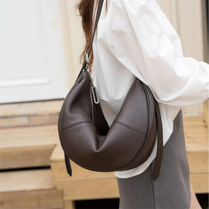 BURMINSA Soft Genuine Leather Crescent Hobo Bag For Women Slouchy Cowhide Shoulder Bag Retro Daily Work Crossbody Purse Handbags
