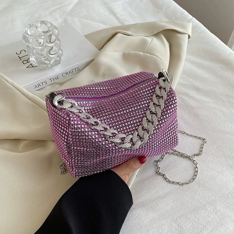 New Outdoors Allover Rhinestone Bucket Bag, Glitter Chain Prom Purse, Women's Mini Crossbody Bag (6.3*3.54) Inch