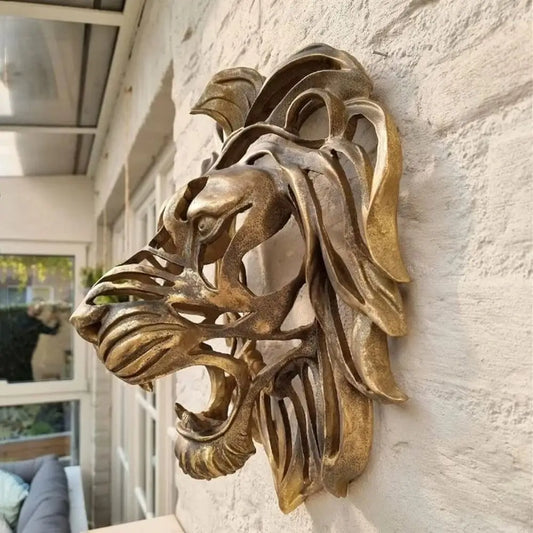 Gold Hollow Lion Head Statue Lion Head Shape Powerful Symbolism Lion Head Wall Mounted Resin Art Large Lion Head Sculpture