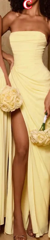 Sexy Long Bridesmaid Dresses A Line Side Split Customized Spaghetti Straps V Neck Yellow Chiffon Wedding Party Dress