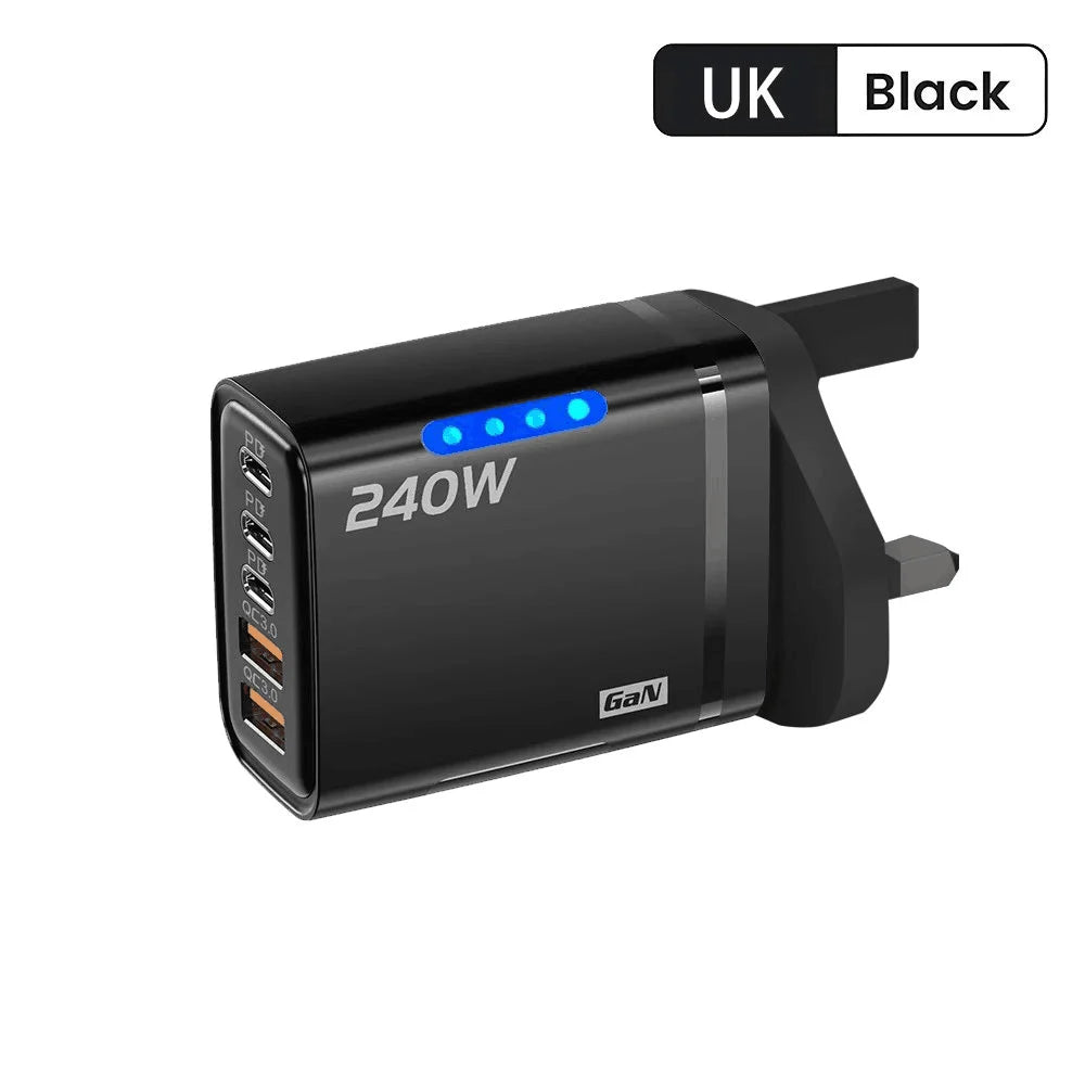 240W 5 in 1 USB C GaN Desktop Charger Fast Charge Phone Adapter 10A Type C Cable For iPhone Samsung Xiaomi EU/US/UK Plug Charger