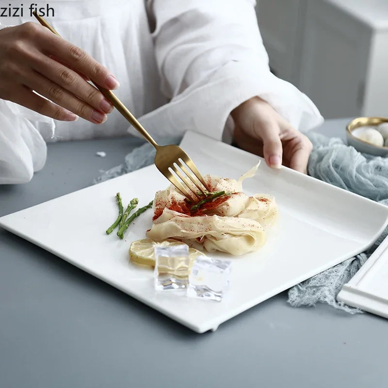 Square Ceramic Plate White Steak Plate Dessert Sushi Plate Serving Plates Flat Plates Molecular Cuisine Restaurant Tableware