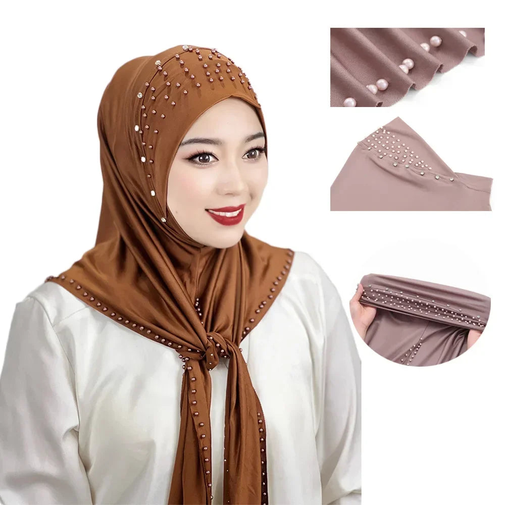 Convenient Instant Hijab Pullover Beaded Scarf Malay Shawl Women's Solid Color Headscarf (One Cap Gift)