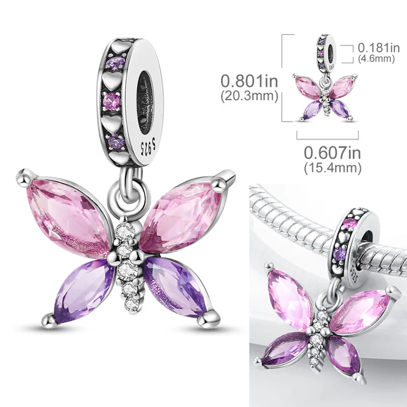 2026 Hot Sale Charms Bead 925 Sterling Sliver Pink Butterfly Luminous Firefly Dangle Fit Bangle Bracelet Necklace DIY Jewelry