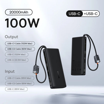 Baseus 145W Power Bank 25000mAh Fast Charging Built-In Type-C Cable Portable Battery Charger for iPhone Samsung MacBook Tablet