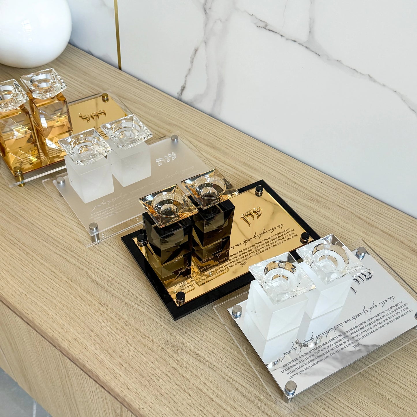 Custom Engraved Hebrew Crystal Shabbat Candlestick Set Gold Mirror Acrylic Tray Jewish Sabbath Candle Holder Judaica Gift