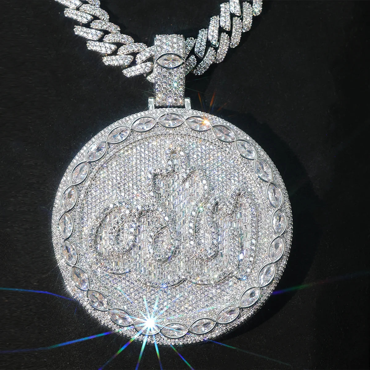 18K Gold Plated Round Allah Zircon Pendant Islamic Hip Hop Jewelry For Men Micro Pave Charm Marquise Stone For Faith Reverence Peace Protection Street Rap Gift For Muslim Men Boy Friends Rappers Fine Jewelry Gifts Iced Out Cu