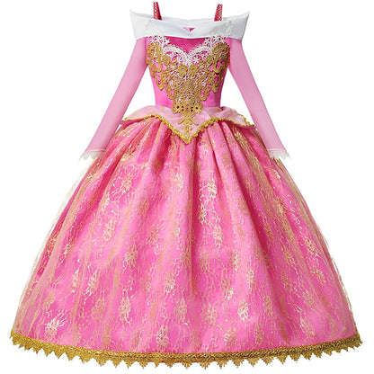 Girl Aurora Princess Dress Children Luxurious Cosplay Costume Rose Pink Briar Rose Outfit Kids Carnival Birthday Party Clothing