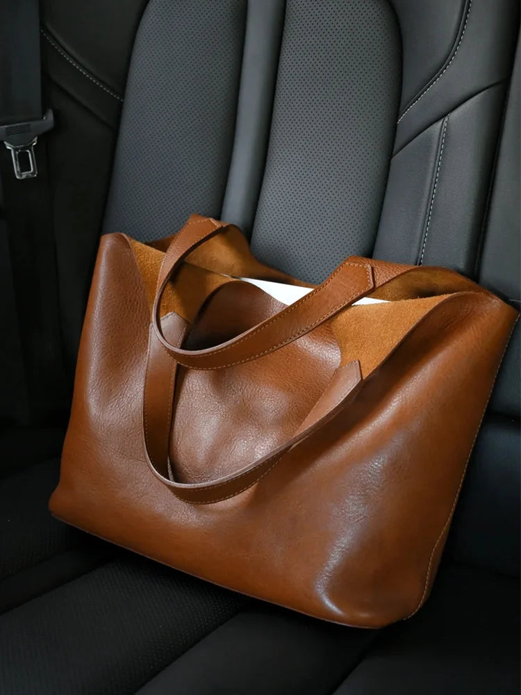 Brown Soft Leather Large Capacity Tote Bag Women's 2025 New Luxury Minimalist High-End Feeling Tablet Briefcase Handbag