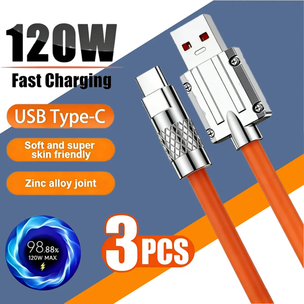 3PCS 120W Super Fast Charge Type-C Liquid Silicone Cable Quick Charge USB C Lines For Xiaomi Huawei Samsung USB Phone Data Wire