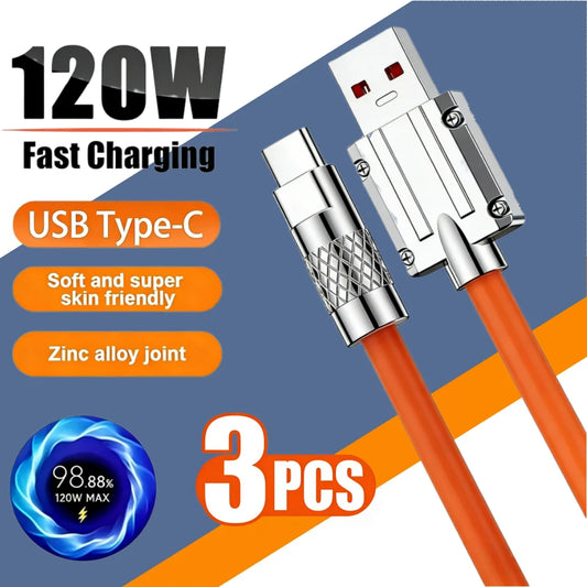 3PCS 120W Super Fast Charge Type-C Liquid Silicone Cable Quick Charge USB C Lines For Xiaomi Huawei Samsung USB Phone Data Wire
