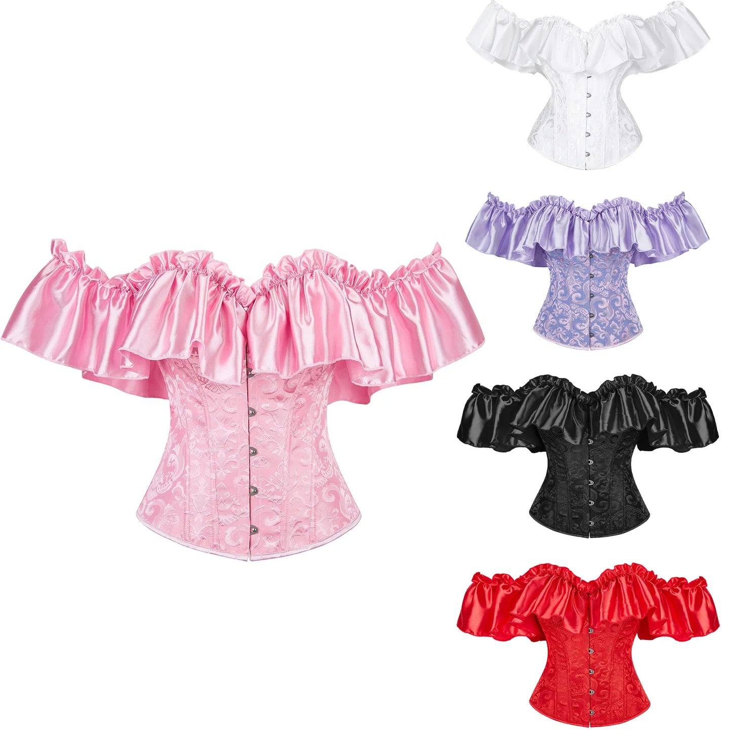 Women's Sexy Corset Bustier Button Down Back Tied Elegant Embroidered Ruffles Trim Strapless Slim Fit Off The Shoulder Tops