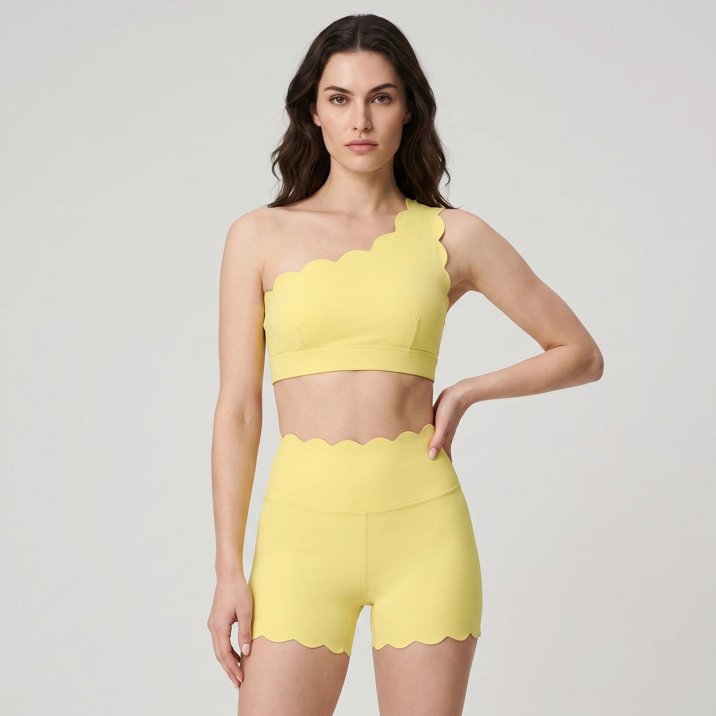 Women One Shoulder Scalloped Trim Sports Bra High Waist Scalloped Yoga Shorts 2 Pcs Workout Set Squat Proof Gym Pilates Outfit