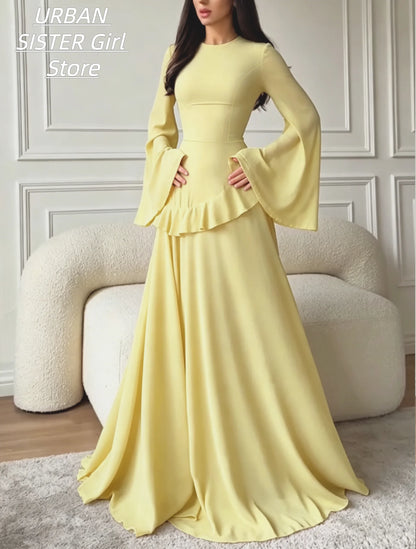 Cream-Colored Round-Neck, Flared Long-Sleeve, Ruffled Waist, Slim-Fit Chiffon Long Dress, Gentle and Modest Wedding Muslim Banquet Evening Gown