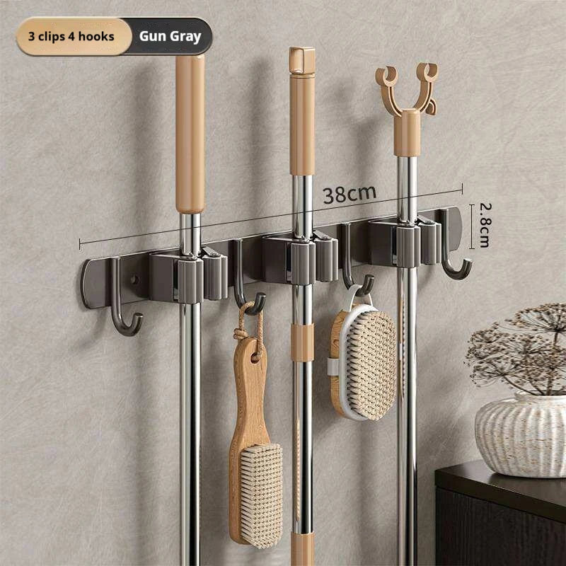 Stainless Steel Mop Broom Holder Wall Mounted No-Drilling Self Adhesive Heavy Duty Utility Storage Rack Garage Garden Organizer