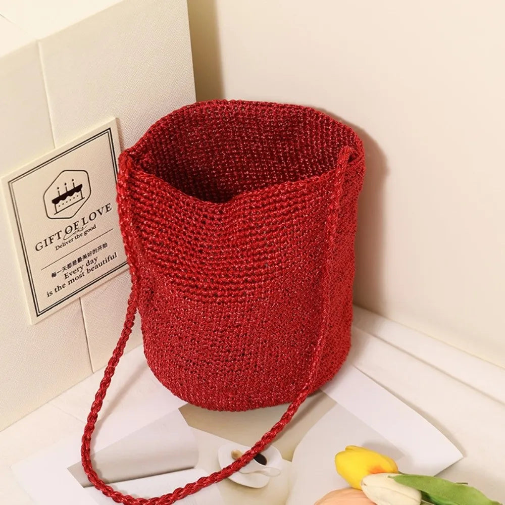 New Large Capacity Handwoven Bucket Bag Solid Color Boho Metal Line Bucket Bag Straw Design Handmade Crossbody Bag Gifts