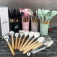 Silicone Kitchen Utensils Set 12-Piece, Heat Resistant, BPA Free, Wooden Handles & Storage Bucket for Non-Stick Cookware, Baking & Cooking