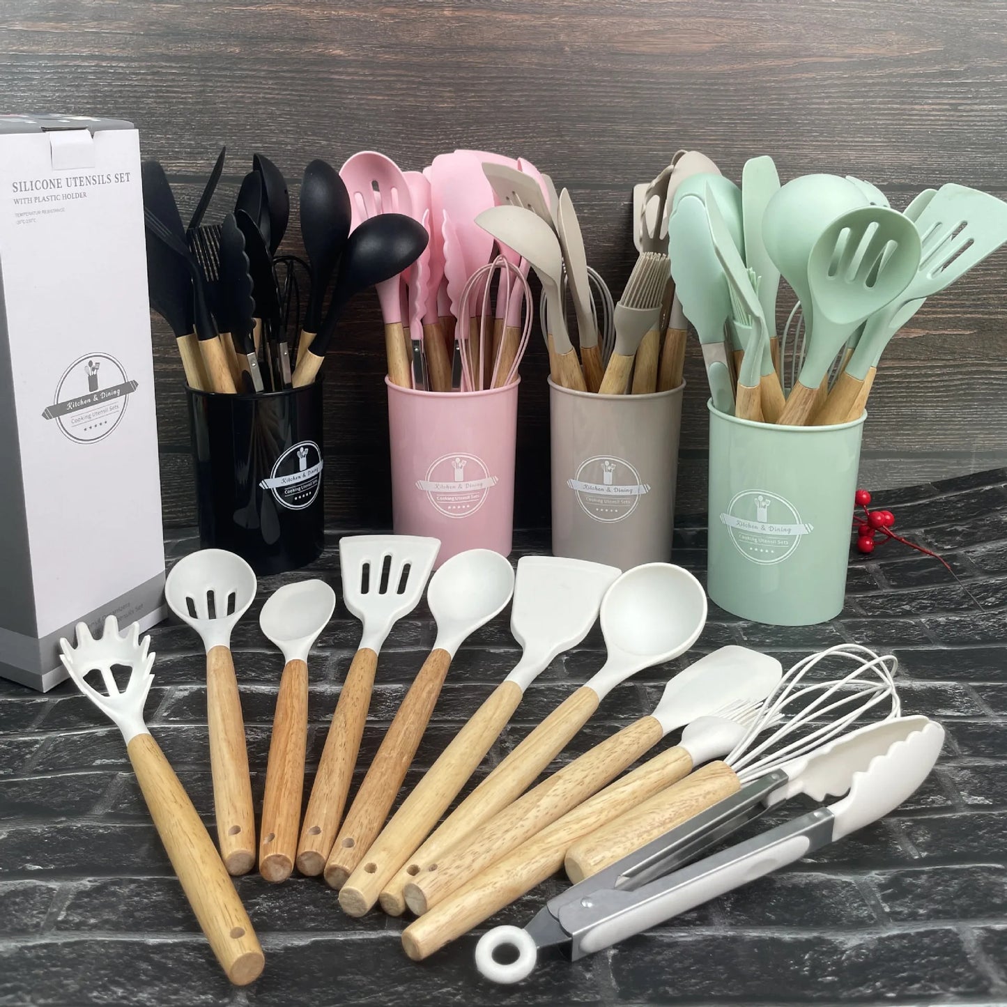 Silicone Kitchen Utensils Set 12-Piece, Heat Resistant, BPA Free, Wooden Handles & Storage Bucket for Non-Stick Cookware, Baking & Cooking