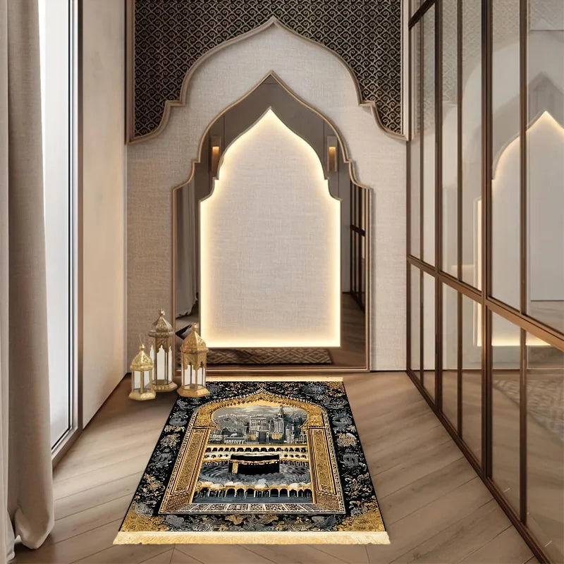 VIKAMA Black Gold Mecca Sky House Worship Carpet Retro Prayer Carpet Eid al Fitr Portable Prayer Mat Mosque Prayer Carpet
