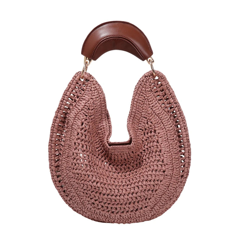 Boho Handwoven Straw Hobo Tote Bag Women Crescent Moon Shape Top Handle Basket Purse Summer Hollow Out Woven Handbag