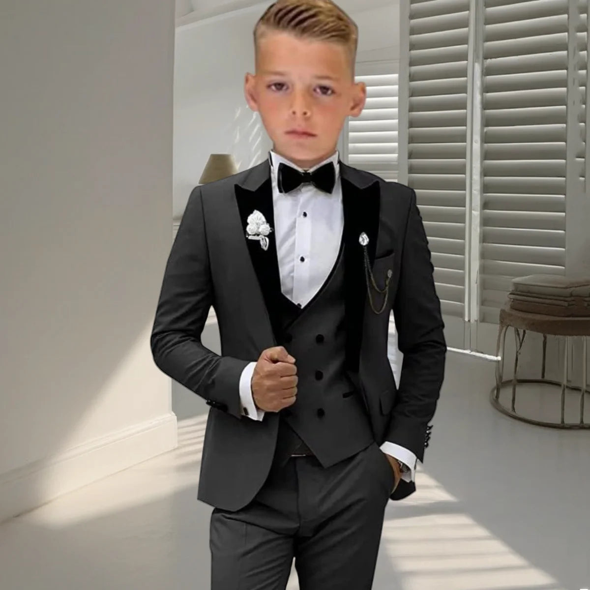 Velvet Collar Suit Set for Kids 3-14 Years, Three-Piece Wedding Suits for Boys, Toddler Suits Tuxedo Homecoming Teens Suits