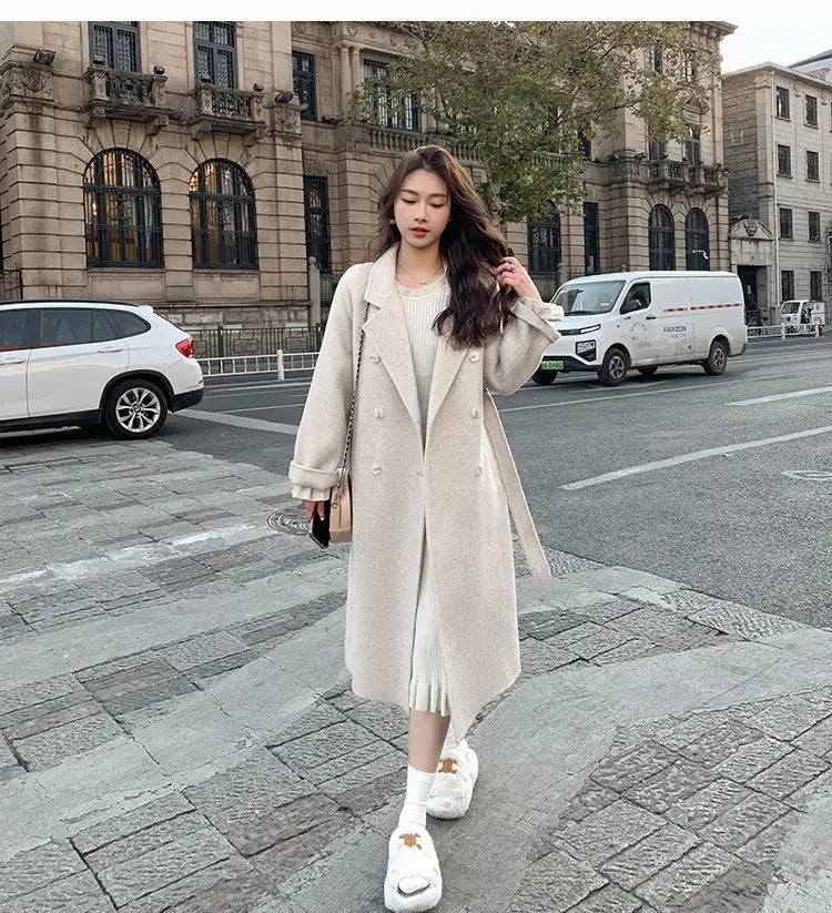 Blue Korean Style Woolen Coat Loose Women's Fashion Autumn Winter New Arrival Medium Length Belted Outerwear for Ladies | Women's Fashion