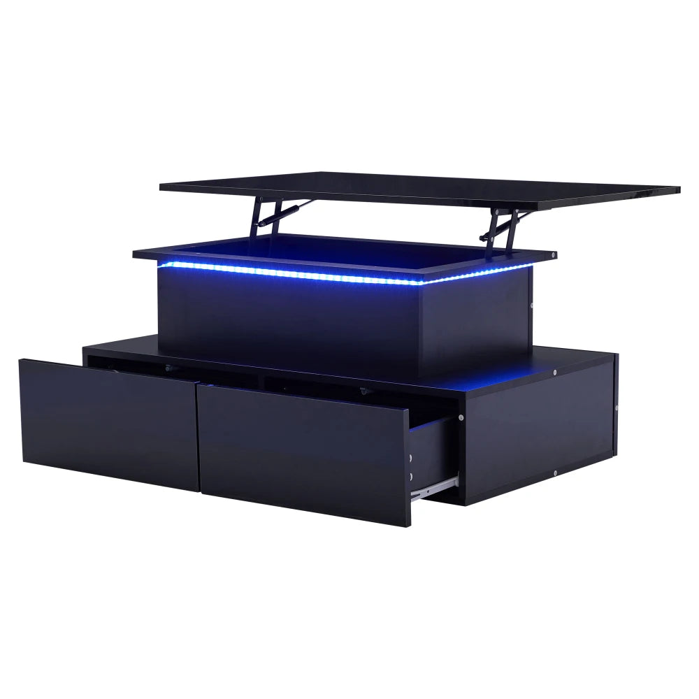 High‑Gloss Black Coffee Table 90×55×41cm, App‑Controlled RGB LED Light, Handle‑Less Click‑to‑Open Drawers, Silent‑Glide Extendable Top with Hidden Storage, Particle Board Multi‑Function Living Room Table Max L