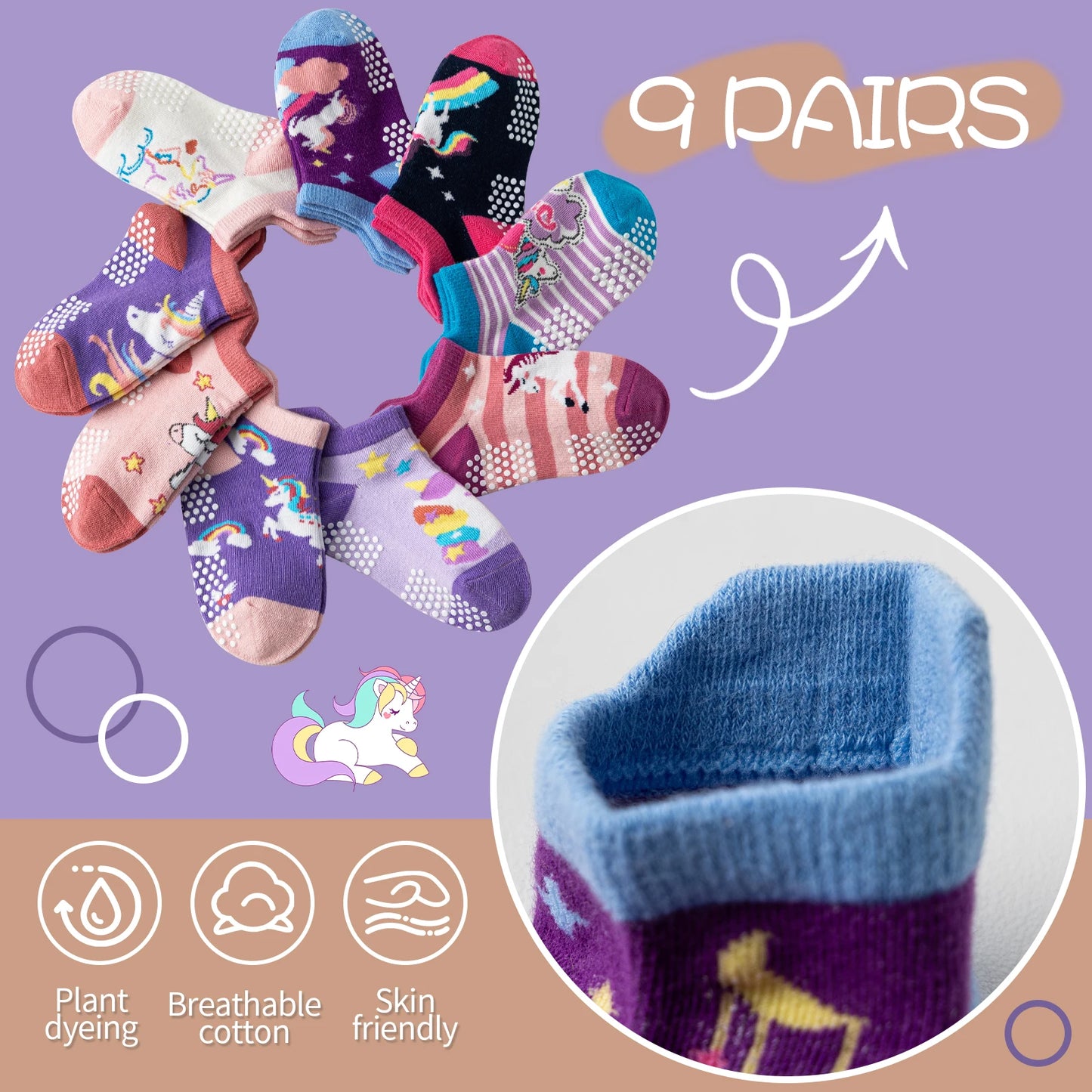9 Pairs Of Baby Girls Toddlers Grips Socks Kids Non Slip Anti Skid Ankle Car Cotton No Show Socks With Grippers Gift Socks